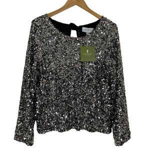 Olivia by Livro NWT Clara Sequin Long Sleeve Top Black & Silver Sz. Small